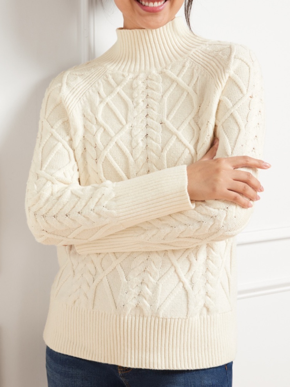 NWT‎ Talbots Cable Knit Funnel Neck Sweater Cream White Women’s Size Large